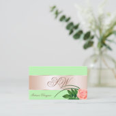 Carte De Visite Fleur de Décor Rose vert Mint avec Monogramme (Debout devant)