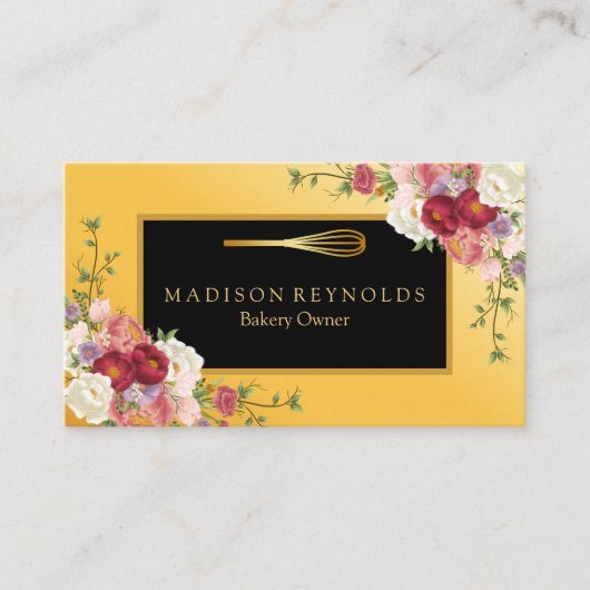 Carte De Visite Fleur de Glace Dorée Pâtissier Fouet Logo (Devant)