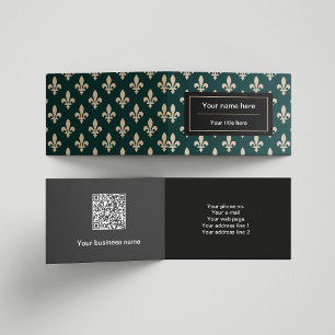 Carte De Visite Fleur de Lis Motif, Français, Royal, Crème, Vert