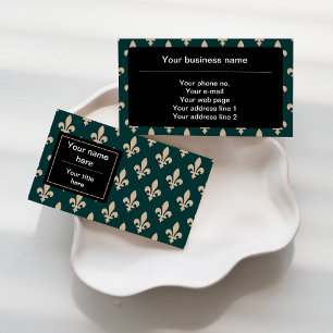 Carte De Visite Fleur de Lis Motif, Français, Royal, Crème, Vert
