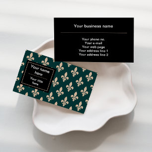 Carte De Visite Fleur de Lis Motif, Français, Royal, Crème, Vert