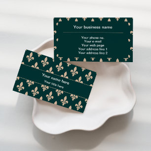 Carte De Visite Fleur de Lis Motif, Français, Royal, Crème, Vert