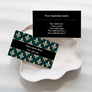 Carte De Visite Fleur de Lis Motif, Français, Royal, Crème, Vert
