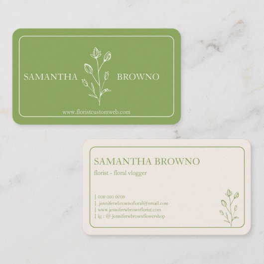 Carte De Visite Fleur encadrée beige vert (Devant / Derrière)