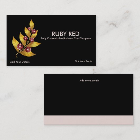 Carte De Visite Fleur Feuille d'or & Ruby Rhinestone (Devant / Derrière)