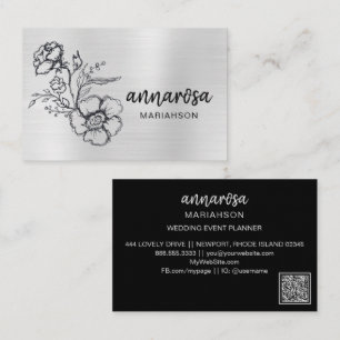 Carte De Visite *~* Fleur Floral Argent QR LOGO PHOTO Élégante