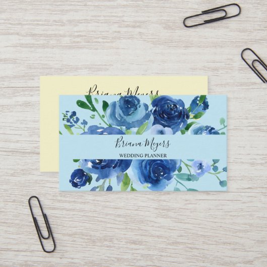 Carte De Visite Fleur Moderne Aquarelle Bleu Marine Script (Devant/Arrière en situation)