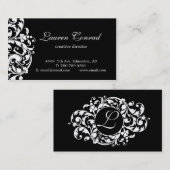 Carte De Visite Fleur-NOIR de minuit avec le monogramme (Devant / Derrière)