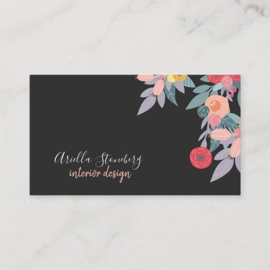 Carte De Visite Fleur peinte en Whimsical | Floral sur noir (Devant)
