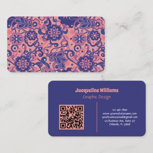 Carte De Visite Fleur Psychedelique Groovy Violet 60s 70s (Devant / Derrière)