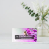 Carte De Visite Fleur rose avec rectangle gris abeille monogramme (Debout devant)