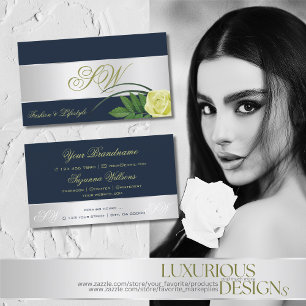 Carte De Visite Fleur Rose de décoration en argent bleu foncé avec