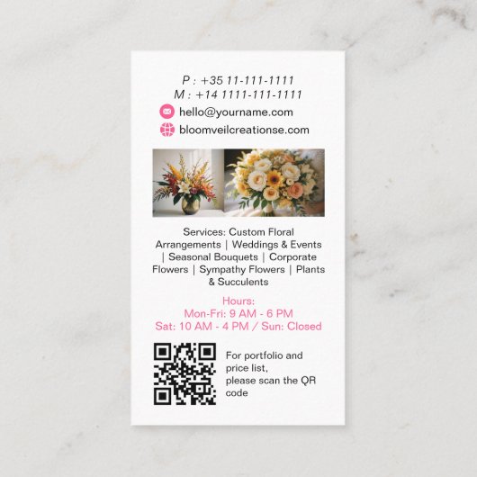 Carte De Visite Fleur rose moderne design floristes photos qr code (Dos)