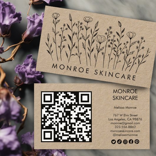 Carte De Visite Fleur sauvage Elégant Kraft QR Code Icônes sociale