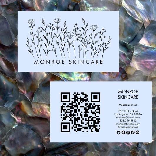 Carte De Visite Fleur sauvage Elegant Line Art QR Code Icônes soci