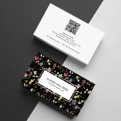 Carte De Visite Fleur sauvage QR Code printemps floral noir