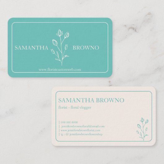 Carte De Visite Fleur turquoise encadrée (Devant / Derrière)