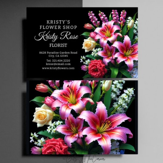 Carte De Visite Fleuriste Fleur de Lys Rose Rouge Blanc Élégant