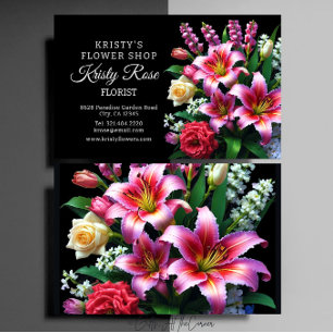 Carte De Visite Fleuriste Fleur Rose Rouge Blanche Lys Rose Élégan