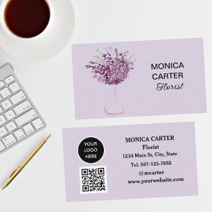 Carte De Visite Fleuriste violet médias sociaux QR Code Floral