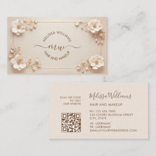 Carte De Visite Fleurs 3D Beige Blanc Initiales