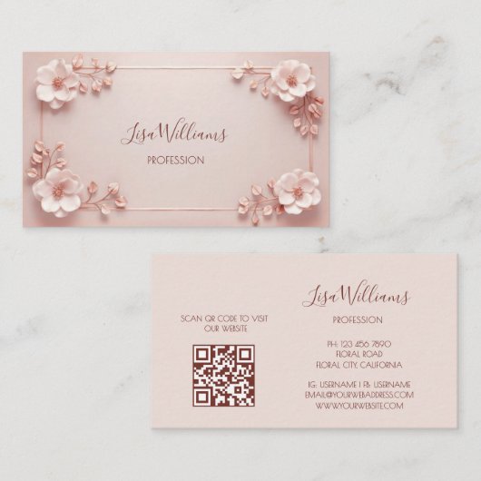 Carte De Visite Fleurs 3D Rose Pâle (Devant / Derrière)