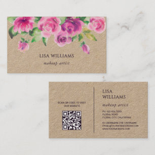 Carte De Visite Fleurs aquarelles roses Kraft