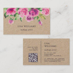 Carte De Visite Fleurs aquarelles roses Kraft