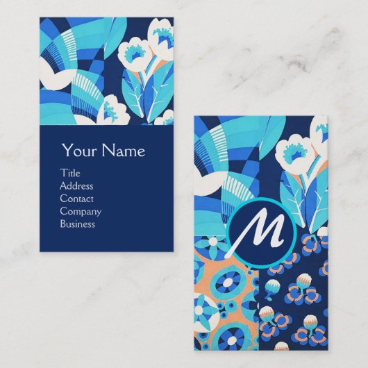 CARTE DE VISITE FLEURS BLANCHES HAWAII BLEU BOULEVERS MONOGRAMME F (Devant / Derrière)