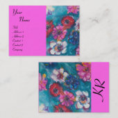 Carte De Visite FLEURS BLANCHES ROUGES EN MONOGRAM BLEU Fuchsia (Devant / Derrière)