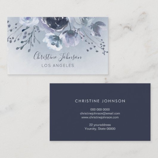 Carte De Visite fleurs bleu aquarelle (Devant / Derrière)