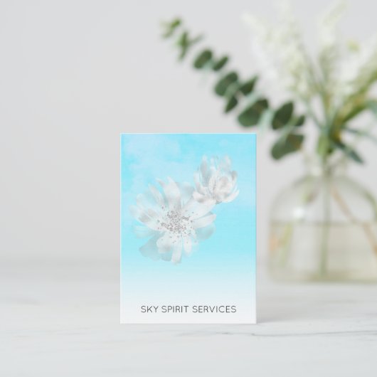 Carte De Visite *~* Fleurs bleu ciel QR Parties scintillant Shimme (Debout devant)