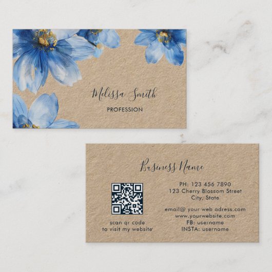 Carte De Visite Fleurs Bleu Or Rustique (Devant / Derrière)