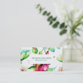 Carte De Visite Fleurs bleu vert et rose (Debout devant)