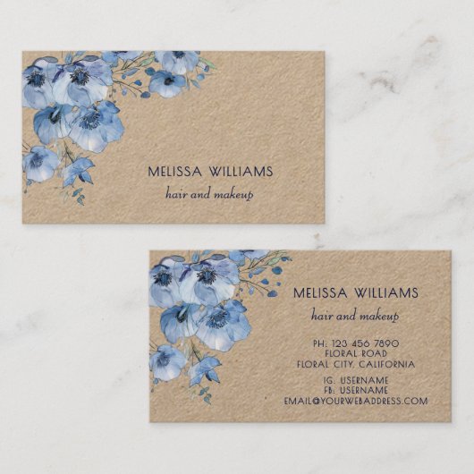 Carte De Visite Fleurs bleues à l'aquarelle (Devant / Derrière)