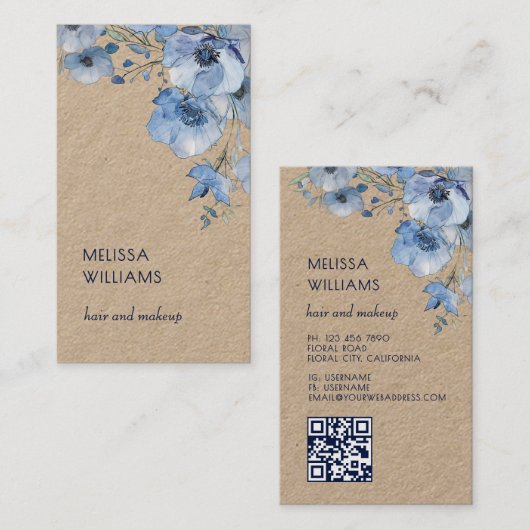 Carte De Visite Fleurs Bleues Aquarelle | Code Qr Rustique (Devant / Derrière)