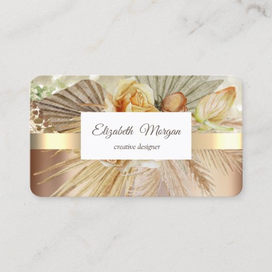 Carte De Visite Fleurs Bohèmes Élégante Rayure Dorée (Devant)