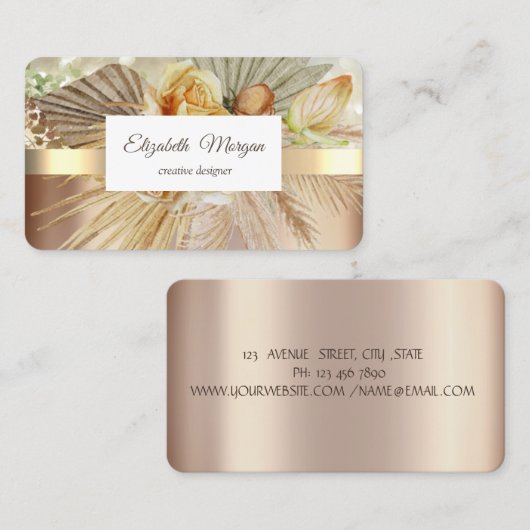 Carte De Visite Fleurs Boho Élégantes En Bande Or (Devant / Derrière)