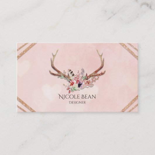 Carte De Visite Fleurs & Bois de Cerf Boho Chic Glam (Devant)