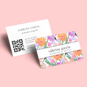 Carte De Visite Fleurs brillantes | Code QR bleu violet orange