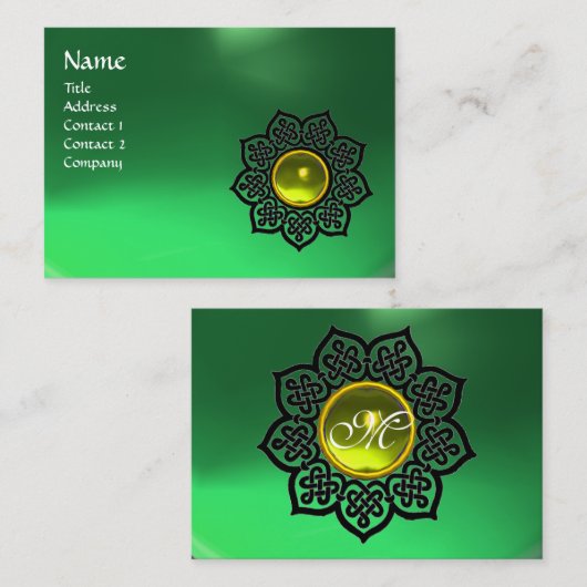 Carte De Visite FLEURS CELTIQUES JAUNE GEM MONOGRAM Emerald Green (Devant / Derrière)