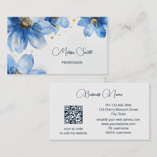 Carte De Visite Fleurs d'aquarelle bleu or (Devant / Derrière)
