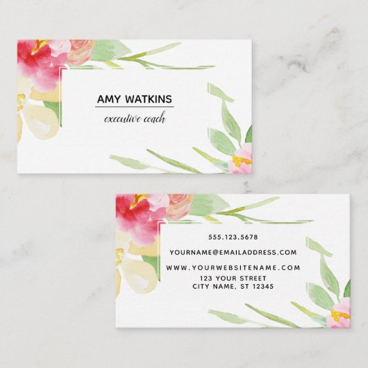 Carte De Visite Fleurs d'aquarelle Boho blanc sur blanc (Devant / Derrière)