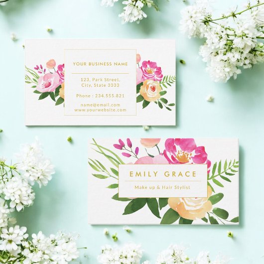 Carte De Visite Fleurs d'aquarelle rose jaune vert