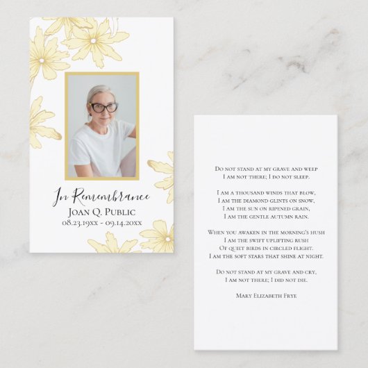Carte De Visite Fleurs de marguerite jaune pâle Prière funéraire (Devant / Derrière)