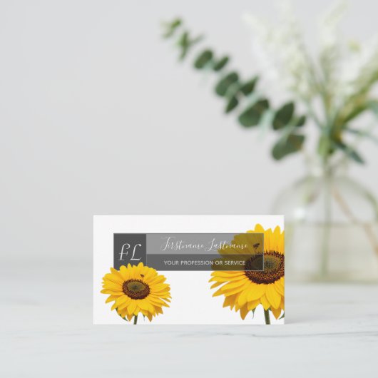 Carte De Visite Fleurs de tournesol jaune rectangle de monogramme  (Debout devant)