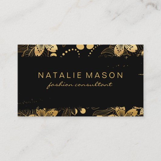 Carte De Visite Fleurs d'or noir chic (Devant)