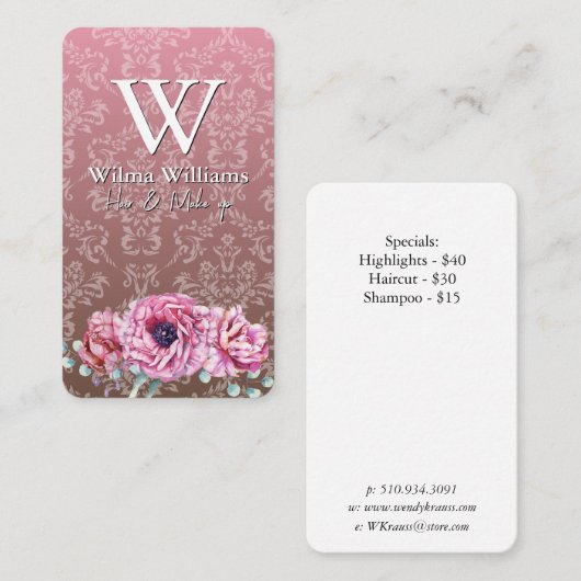 Carte De Visite Fleurs élégantes | Modèle Damask (Devant / Derrière)