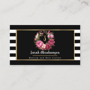 Carte De Visite Fleurs élégantes rayées noir et blanc