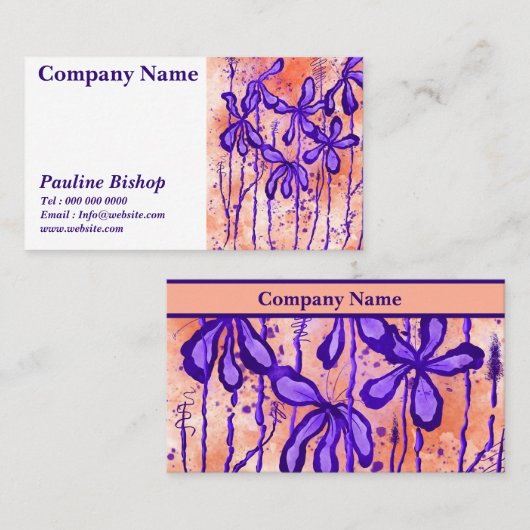 Carte De Visite Fleurs encrées orange violet (Devant / Derrière)